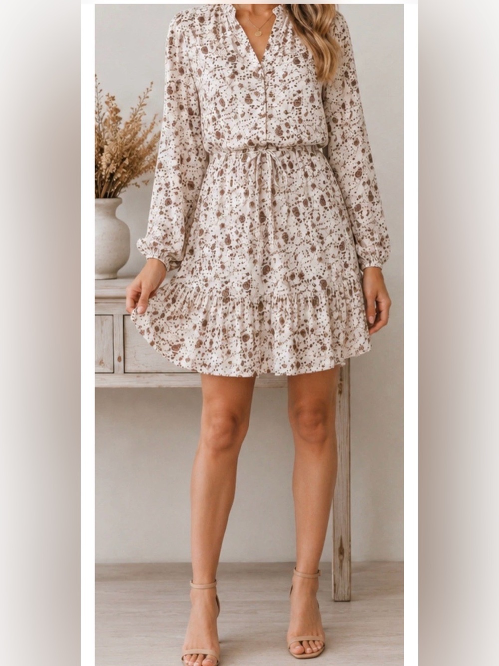 Esqualo Cream Brown Floral Long Sleeve Mini Dress Ruffle Hem Boho Size 8
